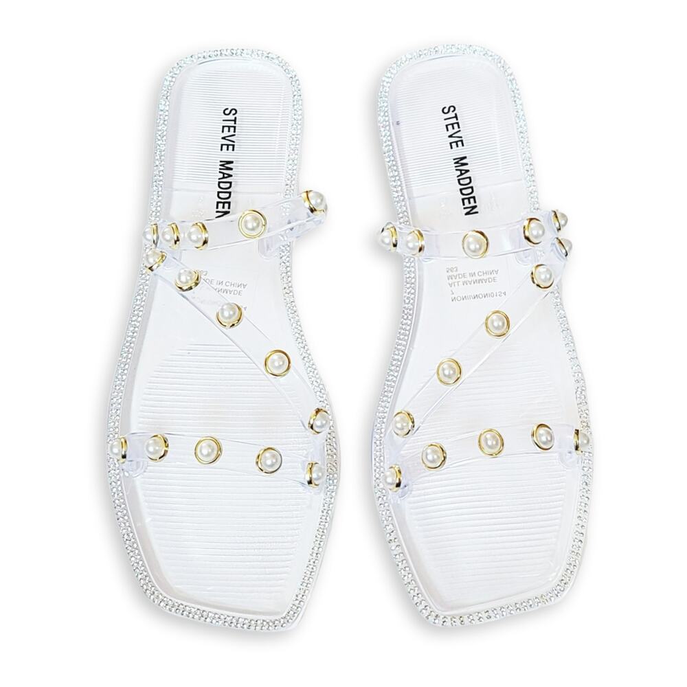 NWT Steve Madden Women's Studded Pearl Embellished Slide-On Flat Sandals - Picture 5 of 7